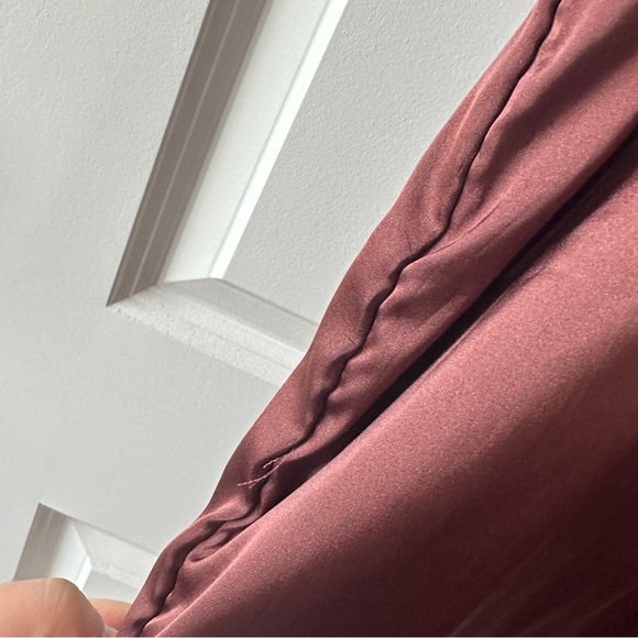 SATIN CHOCOLATE BROWN WOMENS MIDI V NECK DRESS WITH SLIT - Picture 5 of 6